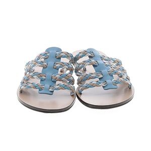 Brooks Brothers Blue and Tan Braided Leather Slide Sandals